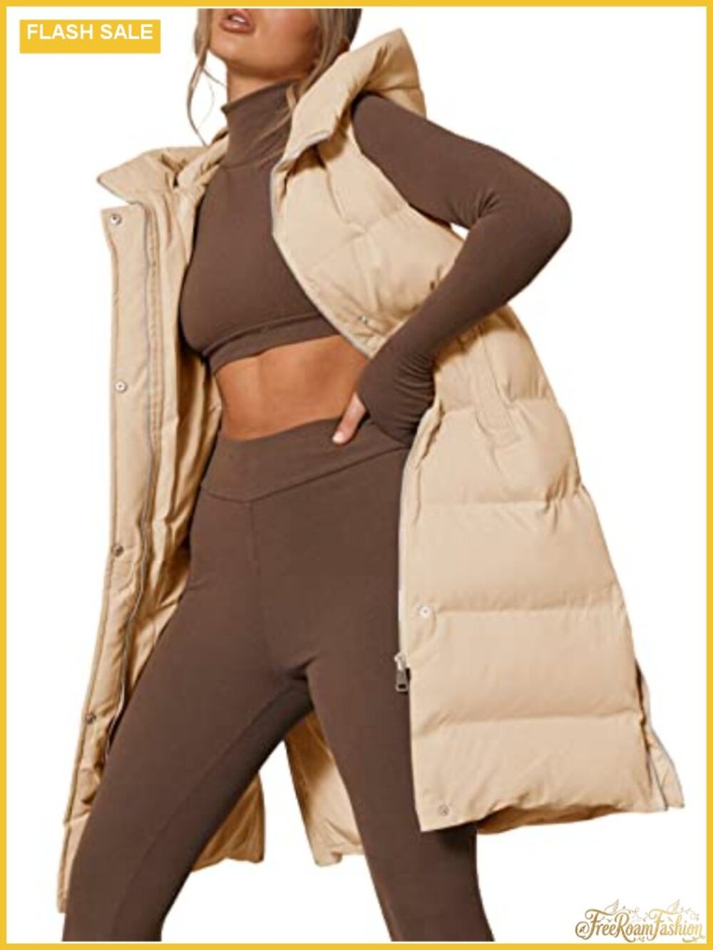 Women's Long Hooded Puffer Vest Sleeveless Stand Collar Down Vest